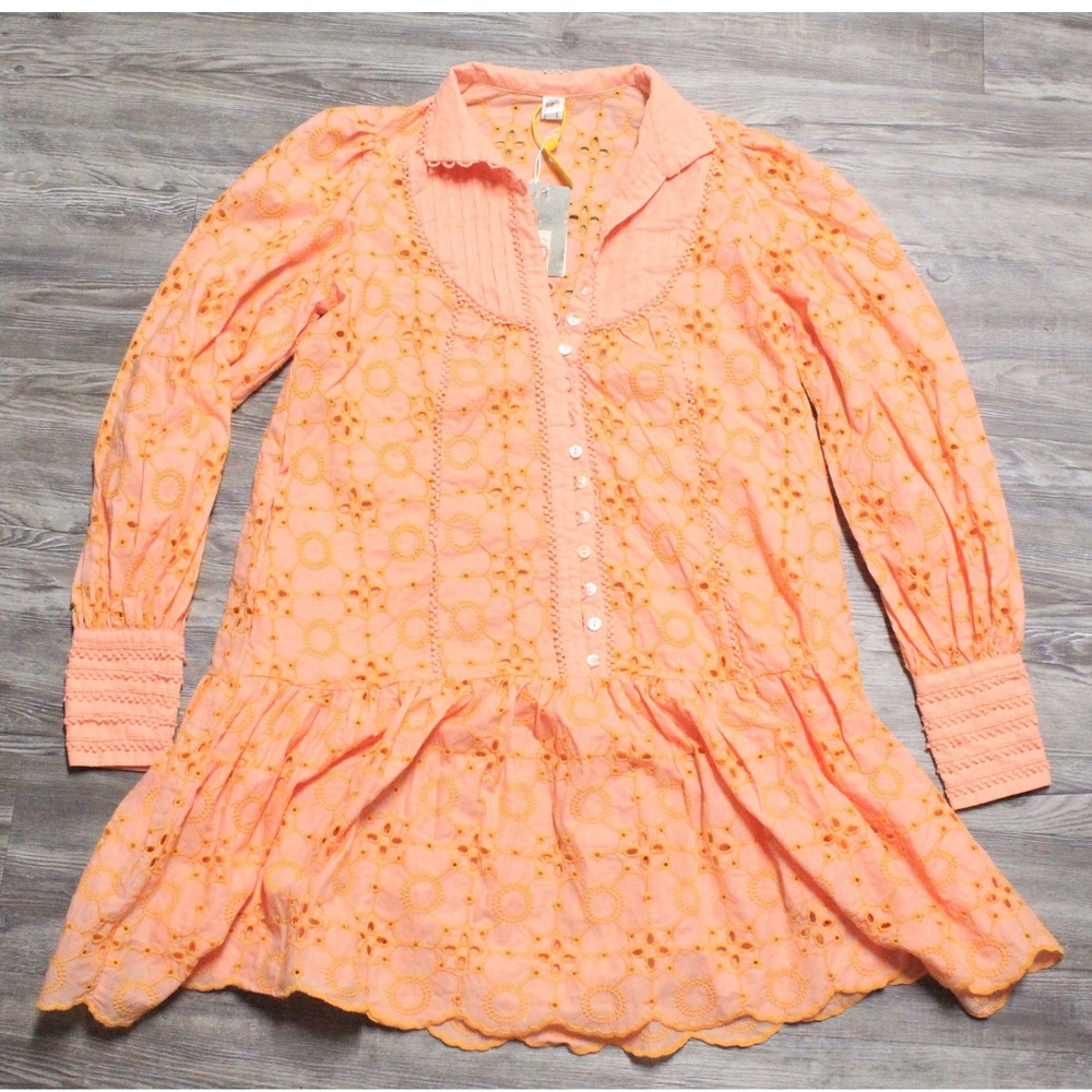 Roiii Mini Dress XS Peach Eyelet Embroidered Boho Long Sleeve Button Front NWT